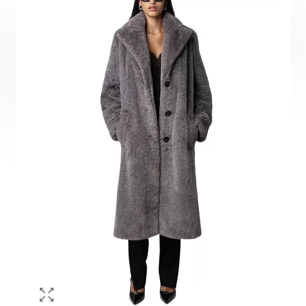 NWT Zadig & Voltaire Monacoco Faux Fur Coat Longline Trench Gray Sz L